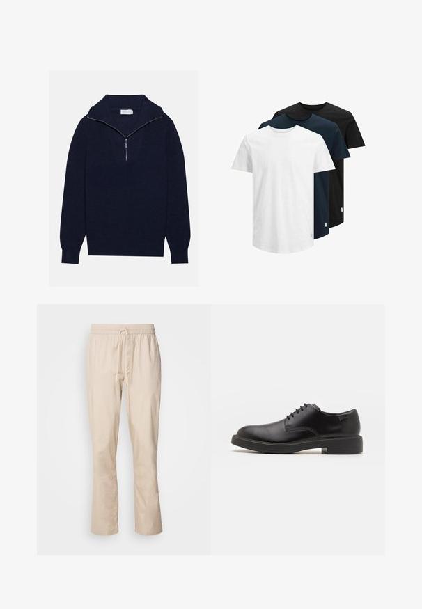 Pulover tricotat de culoare albastru marin, cu guler cu jumătate de fermoar, având o textură ribbed și un design în formă de V pe față. Mâneci lungi și tiv ajustat.; Trei tricouri cu mânecă scurtă în alb, bleumarin închis și negru. Fabricate din bumbac, cu guler rotund și margine dreaptă. Design simplu, fără modele.; Pantaloni bej cu o croială lejeră, talie elastică și cordon de ajustare. Textură netedă, picior ușor conic și fără modele sau accesorii vizibile.; Pantofii din piele neagră, cu șireturi, au vârful rotunjit, o textură netedă, cusături minime și un toc de cauciuc scăzut. Logo pe toc.