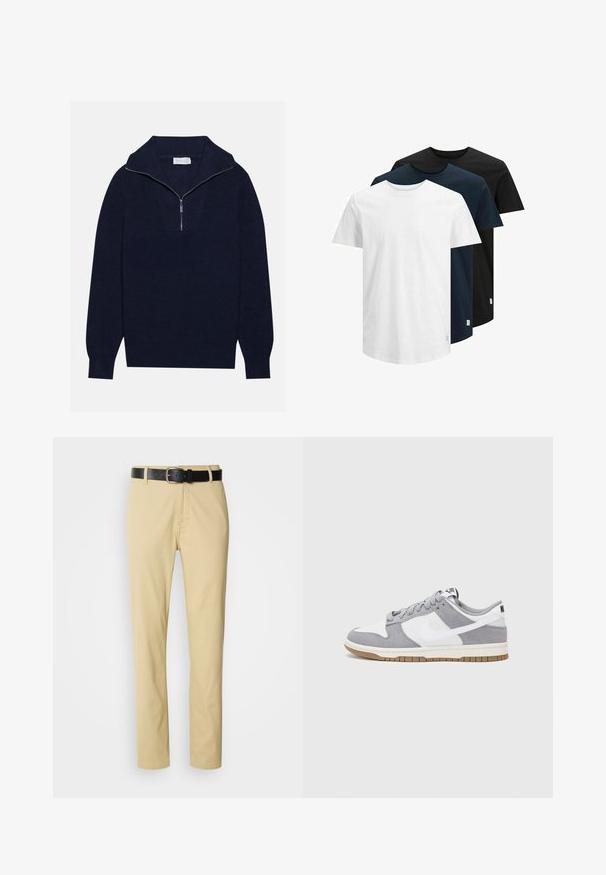 Tengerészkék kötött pulóver félcipzáros gallérral, bordás textúrával és V-alakú mintával az elején. Hosszú ujjú és testhez simuló szegéllyel rendelkezik.; Három rövid ujjú póló fehér, sötét tengerészkék és fekete színben. Pamutból készült, kerek nyakú és egyenes szegélyű. Egyszerű dizájn, minta nélkül.; Beige pamut nadrág egyenes szabással, fekete bőrbelsővel, ezüst csattal.; Szürke és fehér sportcipő, velúr és bőr felsőrésszel, kerek orral, lapos fűzőkkel és gumitalppal, amelyen rágógumi színű díszítés található.