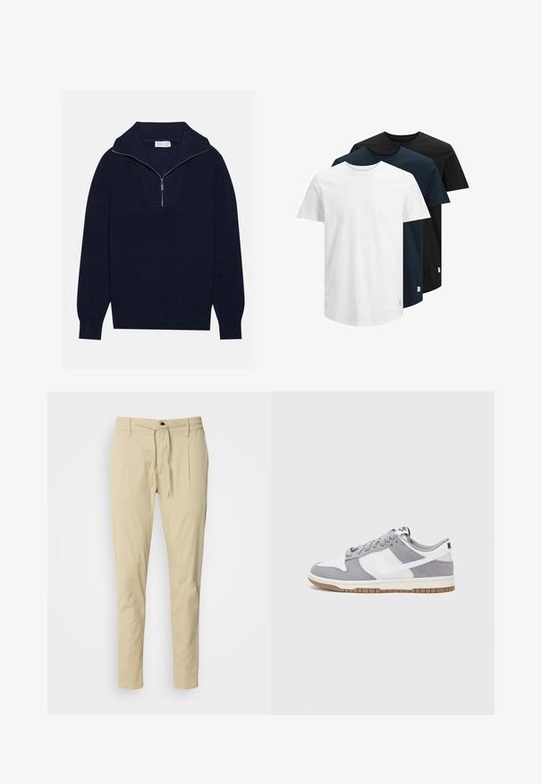 Navy blue knit sweater with a half-zip collar, featuring ribbed texture and a V-shaped design on the front. Long sleeves and fitted hem.; Three short-sleeve T-shirts in white, dark navy, and black. Made from cotton, featuring a crew neck and straight hem. Simple design, no patterns.; Beige, slim-fit trousers made of cotton blend fabric. Elastic waistband with a drawstring, two front pleats, and straight legs.; Gray and white sneaker with a suede and leather upper, rounded toe, flat laces, and a rubber sole featuring a gum accent.