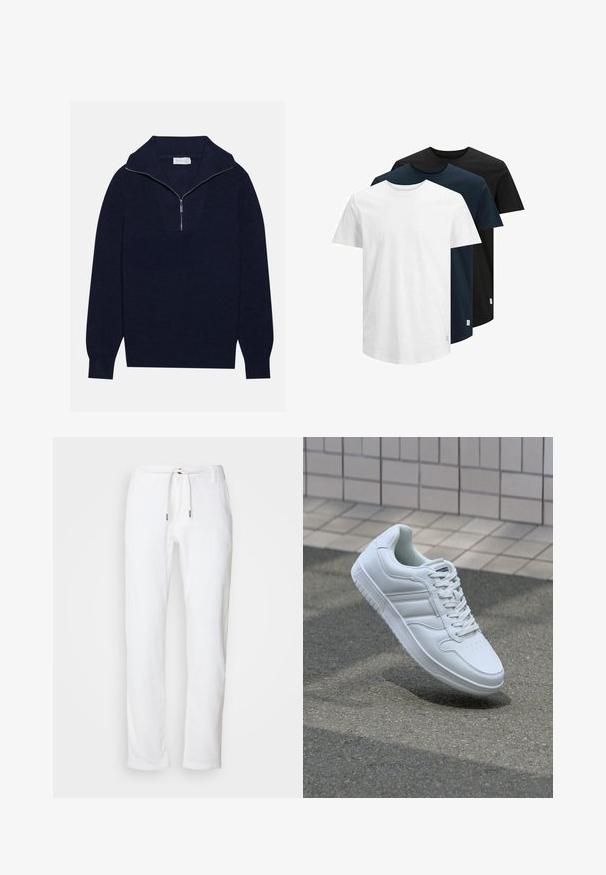 Pull en maille bleu marine avec un col zippé à moitié, présentant une texture côtelée et un design en V sur le devant. Manches longues et ourlet ajusté.; Trois T-shirts à manches courtes en blanc, bleu marine foncé et noir. Fabriqués en coton, avec un col rond et un ourlet droit. Design simple, sans motifs.; Pantalons en lin blancs avec une coupe décontractée, taille élastique et texture subtile. Comprend des jambes droites et des embouts en métal sur le cordon de serrage.; Baskets blanches de sport avec une tige en cuir lisse, un laçage à l'avant, une pointe perforée et une semelle à motifs. Design minimaliste avec trois bandes latérales.