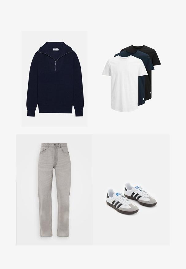 Dunkelblaues Strickpullover mit einem halben Reißverschluss-Kragen, der eine gerippte Textur und ein V-förmiges Design auf der Vorderseite bietet. Lange Ärmel und taillierter Saum.; Drei kurzärmelige T-Shirts in Weiß, Dunkelblau und Schwarz. Hergestellt aus Baumwolle, mit Rundhalsausschnitt und geradem Saum. Einfaches Design, ohne Muster.; Graue Denim-Jeans im Straight-Leg-Design, mit fünf Taschen, einem Knopf- und Reißverschluss sowie sanften Verwaschungen im gesamten Stoff.; Sportschuhe mit einem Obermaterial aus weißem Leder, grauer Wildleder-Zehenkappe und drei schwarzen Streifen. Sie verfügen über ein blaues Logo auf der Zunge und eine strukturierte Gummisohle.