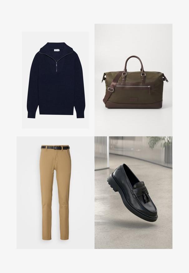 Suéter de malha azul-marinho com colarinho de meia zip, apresentando textura canelada e um design em forma de V na parte da frente. Mangas longas e bainha ajustada.; Três camisetas de manga curta em branco, azul escuro e preto. Feitas de algodão, com decote redondo e barra reta. Design simples, sem padrões.; Calças caqui com um design slim fit, confeccionadas em tecido suave. Apresentam um cinto preto, dois bolsos frontais e um corte reto.; Mocassins de couro preto com acabamento liso, tassel decorativo, sola grossa de borracha e detalhes costurados. Design leve e elegante.; Saco de duffle em lona na cor verde-oliva com pormenores em couro castanho, apresentando duas alças, uma alça de ombro destacável e um bolso frontal com fecho de correr.