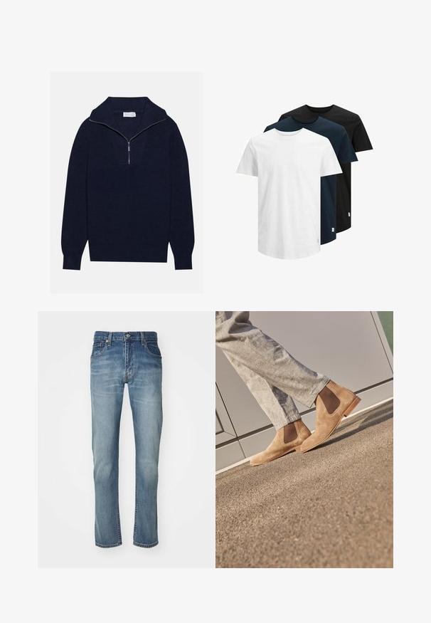 Tumed sinise kudumisega sviiter poole luku kaelusega, mis sisaldab ribakujulist tekstuuri ja V-kujulist disaini esiosas. Pikad varrukad ja kitsasäär.; Kolm lühikeste varrukatega T-särki valges, tumesinises ja mustas värvitoonis. Valmistatud puuvillast, ümar kaelus ja sirge serv. Lihtne disain, ilma mustriteta.; Sinine teksapüksid sirge sääre disainiga, millel on pleekinud pesu, viis taskut ja metallist nööp sulgemiseks vöökohtades.; Pruunist sametist Chelsea saapad elastsete külgpaneelidega ja siledast tan värvi kummitaldadega, koos heledate hallide pükstega tekstuurilisel pinnal.