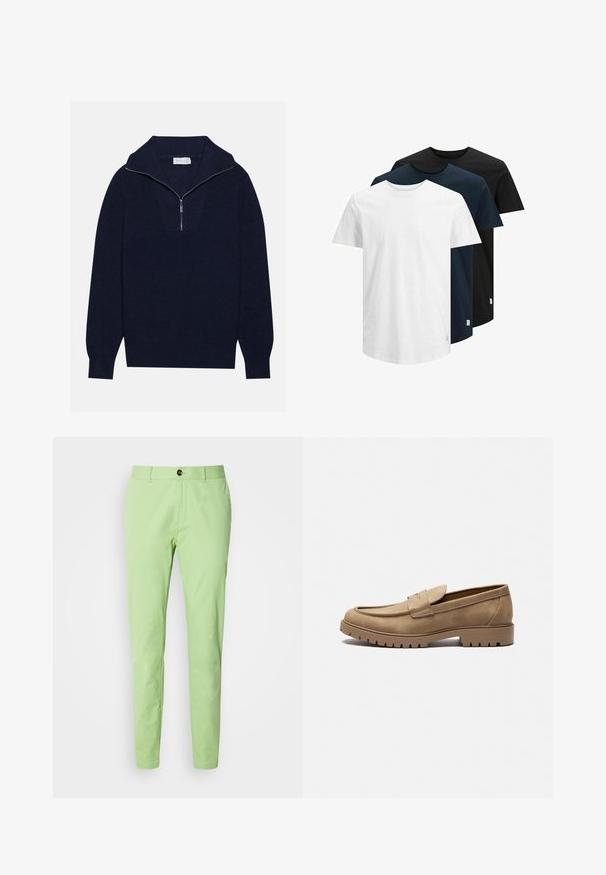 Mørkeblå striktrøje med halvlukket krave, med ripet tekstur og et V-formet design på forsiden. Lange ærmer og tætsiddende kanten.; Tre kortærmede T-shirts i hvid, mørk navy og sort. Lavet af bomuld, med rund hals og lige kant. Simpelt design, ingen mønstre.; Lysgrønne bomuldsbukser med slim fit, der har en enkelt brun knaplukning og almindelige lommer, glat tekstur, uden mønstre.; Tan mockasiner i ruskind med rund tå, flad gummisål og dekorative syninger på overdelen. Har et slip-on design uden snørebånd.