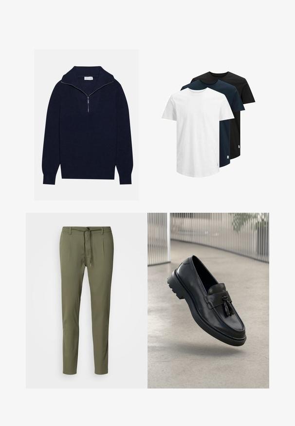 Navy blue knit sweater with a half-zip collar, featuring ribbed texture and a V-shaped design on the front. Long sleeves and fitted hem.; Three short-sleeve T-shirts in white, dark navy, and black. Made from cotton, featuring a crew neck and straight hem. Simple design, no patterns.; Olive green trousers made of lightweight fabric, featuring a drawstring waist, two front pleats, and a tapered fit. Smooth texture.; Black leather loafers with a smooth finish, decorative tassel, thick rubber sole, and stitched accents. Lightweight and sleek design.