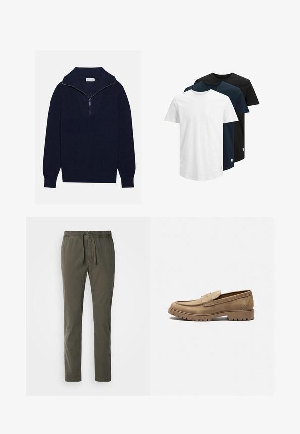 Granatowy sweter wełniany z połową suwaka, z prążkowaną fakturą i V-kształtnym wzorem z przodu. Długie rękawy i dopasowany dół.; Trzy koszulki z krótkim rękawem w kolorze białym, ciemnym granatowym i czarnym. Wykonane z bawełny, z okrągłym dekoltem i prostym dołem. Prosty design, bez wzorów.; Ciemnozielone, zwężane spodnie z elastycznym pasem i sznureczkiem do regulacji. Wykonane z miękkiego materiału bawełnianego o gładkiej fakturze.; Beżowe zamszowe loafersy z okrągłym noskiem, płaską gumową podeszwą i dekoracyjnym przeszyciem na cholewce. Posiadają design typu slip-on, bez sznurówek.