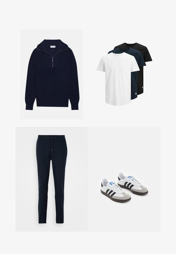 Suéter de malha azul-marinho com colarinho de meia zip, apresentando textura canelada e um design em forma de V na parte da frente. Mangas longas e bainha ajustada.; Três camisetas de manga curta em branco, azul escuro e preto. Feitas de algodão, com decote redondo e barra reta. Design simples, sem padrões.; Calças de jogging azul-marinho feitas de um tecido suave, com uma cintura elástica, cordão ajustável e design de perna afunilada.; Ténis desportivos com um cabedal em pele branca, biqueira em camurça cinza e três riscas pretas. Apresenta um logo azul na língua e uma sola de borracha texturizada.