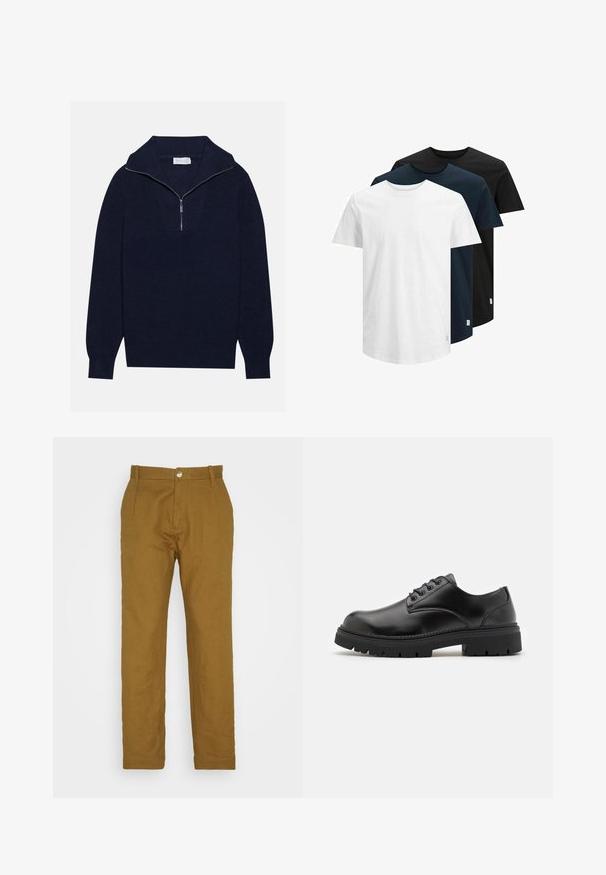 Tums zilas adītas džemperis ar pusi rāvējslēdzēja apkakli, ar ribota raksta tekstūru un V-veida dizainu priekšā. Garas piedurknes un pieguļošs apakšmalas. ; Trīs īsām piedurknēm T-krekli baltā, tumši zilā un melnā krāsā. Izgatavoti no kokvilnas, ar apaļu kakla izgriezumu un taisnu apakšmalu. Vienkāršs dizains, bez rakstiem.; Esprit STRAIGHT PLEAT - Auduma bikses - olive; Melnas ādas kurpes ar noapaļotu purngalu, mezglu dizainu un biezu, strukturētu gumijas zoli. Satur šuvju detaļas gar malu un gludu apdari.