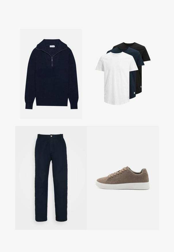 Mornarsko modra pletena pulover s polovico zadrge, ki se ponaša z rebrasto strukturo in V-obliko na sprednji strani. Dolgi rokavi in prilagojen rob.; Tri kratkoslečne majice v beli, temno modri in črni barvi. Narejene iz bombaža, z okroglo ovratnikom in ravnim robom. Preprost dizajn, brez vzorcev.; Esprit STRAIGHT PLEAT - Hlače - navy; Rjave semiš športne copate z ravnimi belimi gumijastimi podplati, vezanje, zaobljen konic in gladka tekstura. Minimalističen slog z diskretnimi šivi.