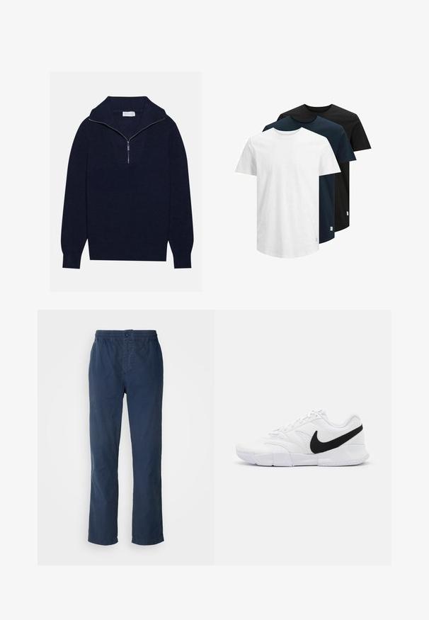 Marineblå strikkegenser med halv-zip krage, med ribbet tekstur og et V-formet design på forsiden. Lange ermer og tettsittende kant.; Tre kortermede T-skjorter i hvit, mørk marineblå og svart. Laget av bomull, med rund hals og rett skjæring. Enkelt design, uten mønstre.; Mørkeblå bukser med elastisk midjebånd og knappestoff, rett ben-design, laget av lett, glatt stoff, uten synlige mønstre.; Hvite joggesko med teksturert overdel, svart Nike-svaff, polstret krage og en solid gummiyttersåle med mønstrede spor.