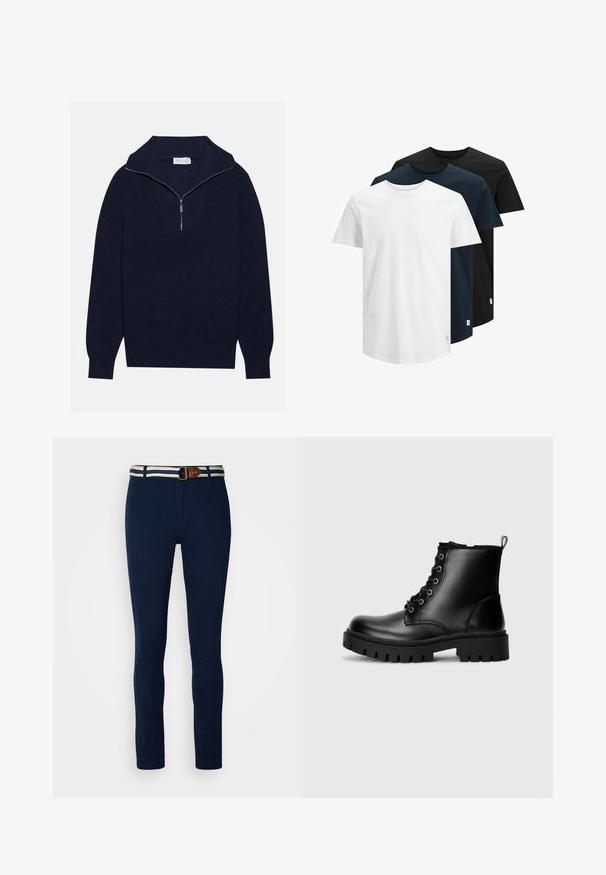 Merseyblu flettefleece med halv glidelås i kragen, med ribbestruktur og et V-formet design på forsiden. Lange ermer og tettsittende hem.; Kolme lyhythihaista T-paitaa valkoisena, tummana laivastonsinisenä ja mustana. Valmistettu puuvillasta, neljänneskauluksella ja suoraan helman leikkauksella. Yksinkertainen muotoilu, ei kuvioita.; Siniset puuvillahousut, joissa on kapea malli, kontrastivärinen raidallinen vyötärönauha ja ruskea nahkavyö.; Mustat nahka nilkkasaappaat, joissa on pyöreä varvas, nauhakiinnitys ja kova, paksu pohja. Varressa on vetotappi ja hopeiset yksityiskohdat.