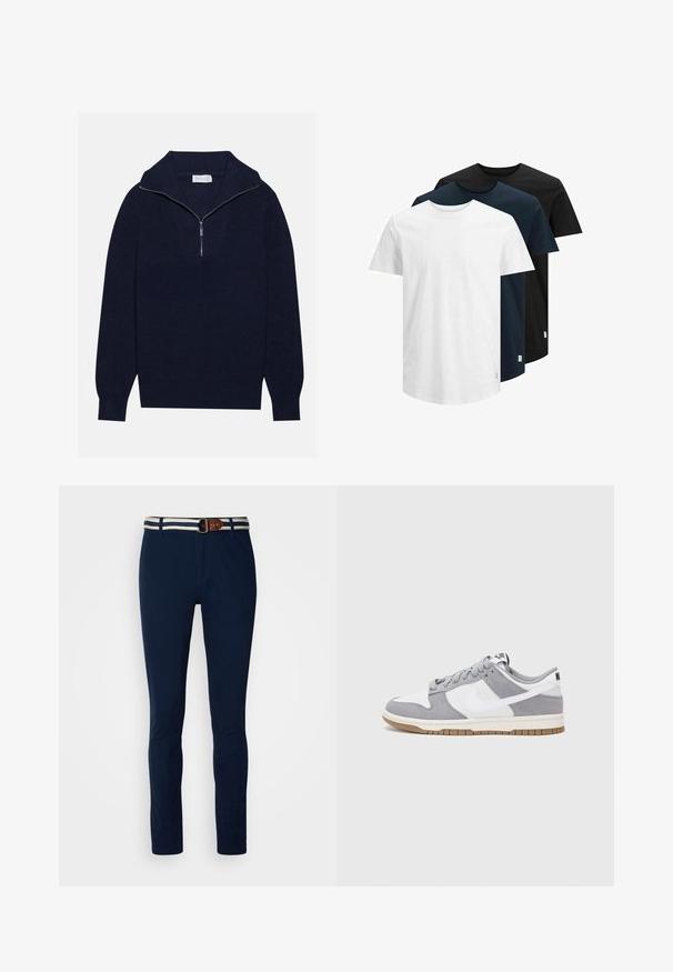Suéter de punto azul marino con cuello de media cremallera, que presenta una textura acanalada y un diseño en forma de V en la parte delantera. Manga larga y dobladillo ajustado.; Tres camisetas de manga corta en blanco, azul marino oscuro y negro. Están hechas de algodón, presentan un cuello redondo y un dobladillo recto. Diseño simple, sin patrones.; Pantalones azul marino de algodón con corte slim, que presentan una cinturilla a rayas en contraste y un cinturón de cuero marrón como acento.; Las zapatillas Nike presentan una parte superior de ante gris y cuero blanco con perforaciones, cordones redondos y una suela de goma para tracción.
