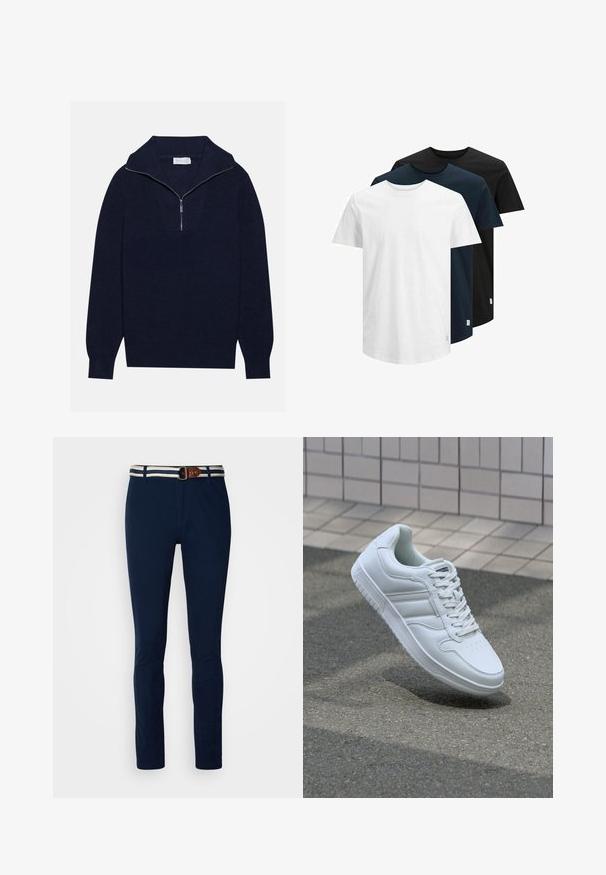 Námorně modrý pletený svetr s polo zipem na límci, s vroubkovanou texturou a V-šikmým designem na přední straně. Dlouhé rukávy a přiléhavý lem.; Tři trička s krátkým rukávem v bílé, tmavě námořnické a černé barvě. Vyrobena z bavlny, s kulatým výstřihem a rovním lemem. Jednoduchý design, bez vzorů.; Tmavě modré kalhoty z bavlny se slim fit, s kontrastním pruhovaným pasem a hnědým koženým páskem.; Bílé sportovní tenisky s hladkým koženým svrškem, šněrovacím předním dílem, perforovanou špičkou a vzorovanou podrážkou. Minimalistický design se třemi bočními pruhy.