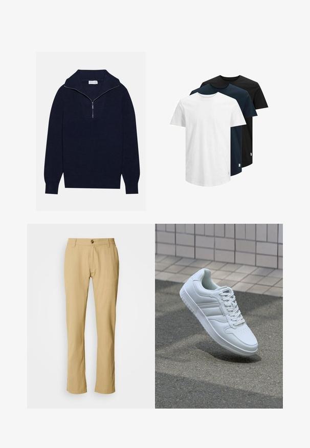 Pull en maille bleu marine avec un col zippé à moitié, présentant une texture côtelée et un design en V sur le devant. Manches longues et ourlet ajusté.; Trois T-shirts à manches courtes en blanc, bleu marine foncé et noir. Fabriqués en coton, avec un col rond et un ourlet droit. Design simple, sans motifs.; Pantalon beige avec une coupe droite, fermeture à bouton et texture de tissu subtile. Aucun motif ni matériel supplémentaire visible.; Baskets blanches de sport avec une tige en cuir lisse, un laçage à l'avant, une pointe perforée et une semelle à motifs. Design minimaliste avec trois bandes latérales.
