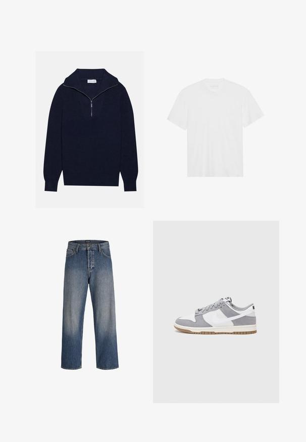 Mörkblå stickad tröja med halvdragkedja i kragen, med ribbad textur och ett V-format mönster på framsidan. Långa ärmar och figursydd nederkant.; Vit bomull t-shirt med kort ärm, rundad halsringning och rak nederdel. Slät textur, minimalistisk design utan mönster eller detaljer.; Blå denim jeans med lös passform, med en blekt design, fem fickor, bältesöglor och stängning med knapp och dragkedja.; Grå och vit sneakers med överdel i mocka och läder, rund tå, platta snören och en gummisula med ett accent i gummi.