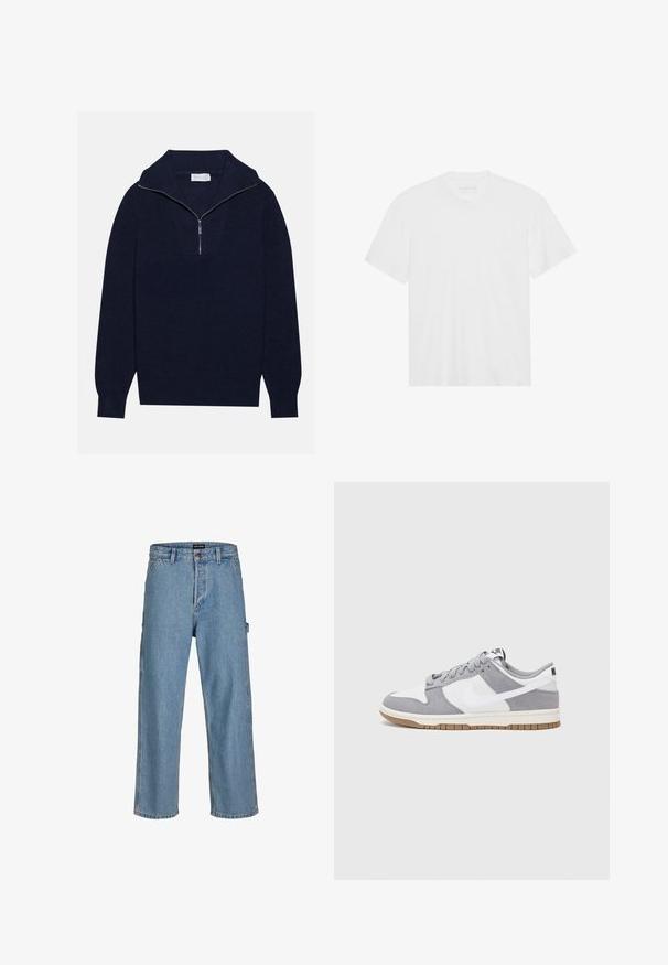 Suéter de punto azul marino con cuello de media cremallera, que presenta una textura acanalada y un diseño en forma de V en la parte delantera. Manga larga y dobladillo ajustado.; Camiseta blanca de algodón con mangas cortas, cuello redondo y dobladillo recto. Textura suave, diseño minimalista sin patrones ni adornos.; Jeans de mezclilla azul claro con un corte relajado, piernas rectas y botón clásico en la cintura. Presentan bolsillos laterales y detalles de costura sutiles.; Zapatilla gris y blanca con parte superior de ante y cuero, puntera redondeada, cordones planos y suela de goma con un acento de goma.