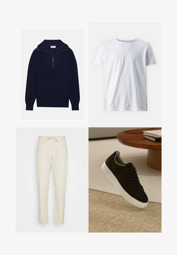 Maglione a maglia blu navy con colletto a mezza zip, caratterizzato da una texture a coste e un design a forma di V nella parte anteriore. Maniche lunghe e orlo aderente.; T-shirt bianca a maniche corte in tessuto leggero. Collo rotondo con texture liscia e senza motivi o dettagli visibili.; Pantaloni beige realizzati in tessuto leggero, con vita regolabile, taglio affusolato e gambe dritte, caratterizzati da una texture liscia.; Sneaker nero con suola bianca che flotta sopra un tappeto beige testurizzato vicino a un tavolo rotondo in legno con libri impilati.