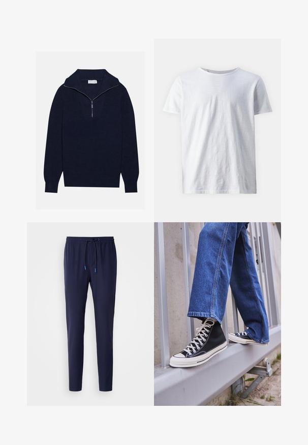 Maglione a maglia blu navy con colletto a mezza zip, caratterizzato da una texture a coste e un design a forma di V nella parte anteriore. Maniche lunghe e orlo aderente.; T-shirt bianca a maniche corte in tessuto leggero. Collo rotondo con texture liscia e senza motivi o dettagli visibili.; Pantaloni jogger blu navy realizzati in tessuto morbido, con vita regolabile tramite cordoncino e dettagli blu, vestibilità slim e orli a costine alla caviglia.; Scarpe da ginnastica nere alte con suola e lacci bianchi, abbinate a jeans di denim blu larghi, appoggiate su un parapetto grigio.