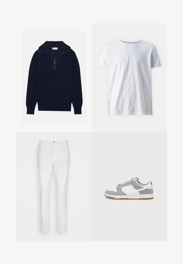 Navy blue knit sweater with a half-zip collar, featuring ribbed texture and a V-shaped design on the front. Long sleeves and fitted hem.; White short-sleeve t-shirt made of lightweight fabric. Round neckline with a smooth texture and no visible patterns or accents.; White linen pants with an elastic waistband and drawstring. Tapered design with elastic cuffs at the ankles. Soft texture, lightweight fabric.; Nike sneakers feature a gray suede and white leather upper with perforations, round laces, and a gum sole for traction.