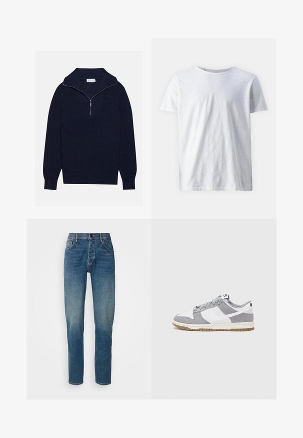 Merseyblu flettefleece med halv glidelås i kragen, med ribbestruktur og et V-formet design på forsiden. Lange ermer og tettsittende hem.; Valkoinen lyhythihainen t-paita, joka on valmistettu kevyestä kankaasta. Pyöreä kaula-aukko, jossa on sileä pinta ilman näkyviä kuvioita tai koristeita.; Farkut keskipitkä sininen pesu, suoralla lahkeet designilla, viisi taskua, edessä vetoketju ja nappilukko. Haalistunut rakenne reiden alueella.; Harmaa ja valkoinen lenkkari, jossa on mokka- ja nahkapinta, pyöreä kärki, litteät nauhat ja kumipohja, jossa on vaahtomuoviväri.