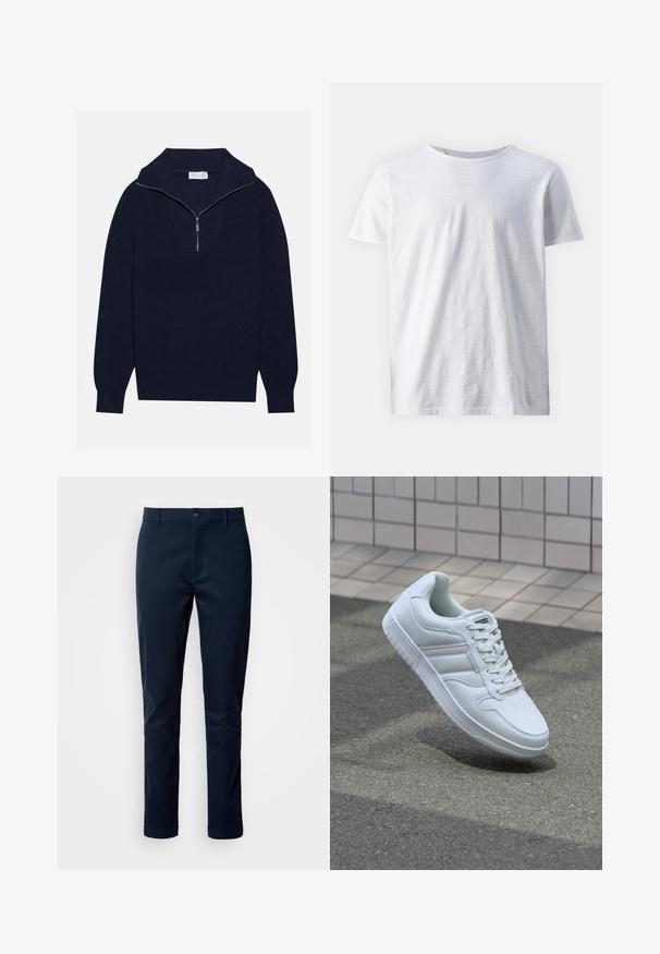 Navy blue knit sweater with a half-zip collar, featuring ribbed texture and a V-shaped design on the front. Long sleeves and fitted hem.; White short-sleeve t-shirt made of lightweight fabric. Round neckline with a smooth texture and no visible patterns or accents.; Navy blue cotton trousers with a straight cut, featuring a button closure and pockets. Smooth texture and minimal design elements.; White athletic sneaker with smooth leather upper, lace-up front, perforated toe, and patterned sole. Minimalist design with three side stripes.