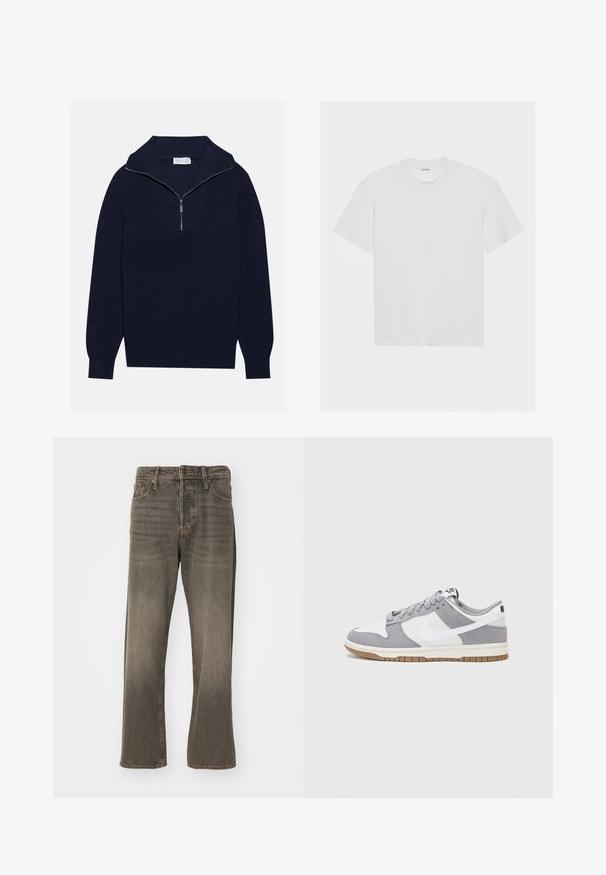 Suéter de punto azul marino con cuello de media cremallera, que presenta una textura acanalada y un diseño en forma de V en la parte delantera. Manga larga y dobladillo ajustado.; Camiseta de algodón blanca de manga corta, cuello redondo y un corte relajado. Textura suave y sin patrones ni acentos visibles.; Jeans de mezclilla marrones con un diseño de pierna recta, que presentan una textura desgastada, un estilo tradicional de cinco bolsillos y cierre de botón metálico.; Zapatilla gris y blanca con parte superior de ante y cuero, puntera redondeada, cordones planos y suela de goma con un acento de goma.