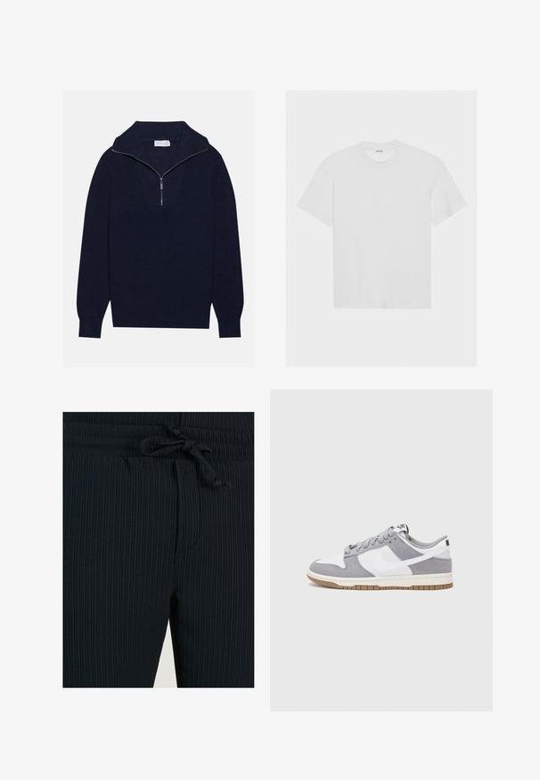 Marineblauwe gebreide trui met een halve ritssluiting, voorzien van een ribbelstructuur en een V-vormig ontwerp op de voorkant. Lange mouwen en een aansluitende zoom.; Witte katoenen t-shirt met korte mouwen, ronde hals en een losse pasvorm. Glad textuur en geen zichtbare patronen of accenten.; Donkerblauwe geribde joggers met een elastische tailleband en verstelbare strik, voorzien van zijzakken en een gestructureerde stof voor comfort.; Grijze en witte sneaker met een bovenwerk van suede en leer, ronde neus, platte veters en een rubberen zool met een gumaccent.