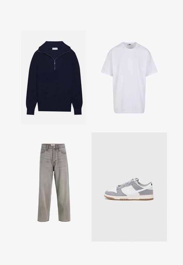 Tengerészkék kötött pulóver félcipzáros gallérral, bordás textúrával és V-alakú mintával az elején. Hosszú ujjú és testhez simuló szegéllyel rendelkezik.; Fehér pamut póló rövid ujjal, kerek nyakú, laza szabású, és nincsenek látható logók vagy minták. Simább textúra és minimalista dizájn.; Szürke farmernadrág, magas derékkal, széles lábbal, enyhe kopással és öt zsebes kialakítással. Fém gombos záródással és övhurkokkal rendelkezik.; Szürke és fehér sportcipő, velúr és bőr felsőrésszel, kerek orral, lapos fűzőkkel és gumitalppal, amelyen rágógumi színű díszítés található.