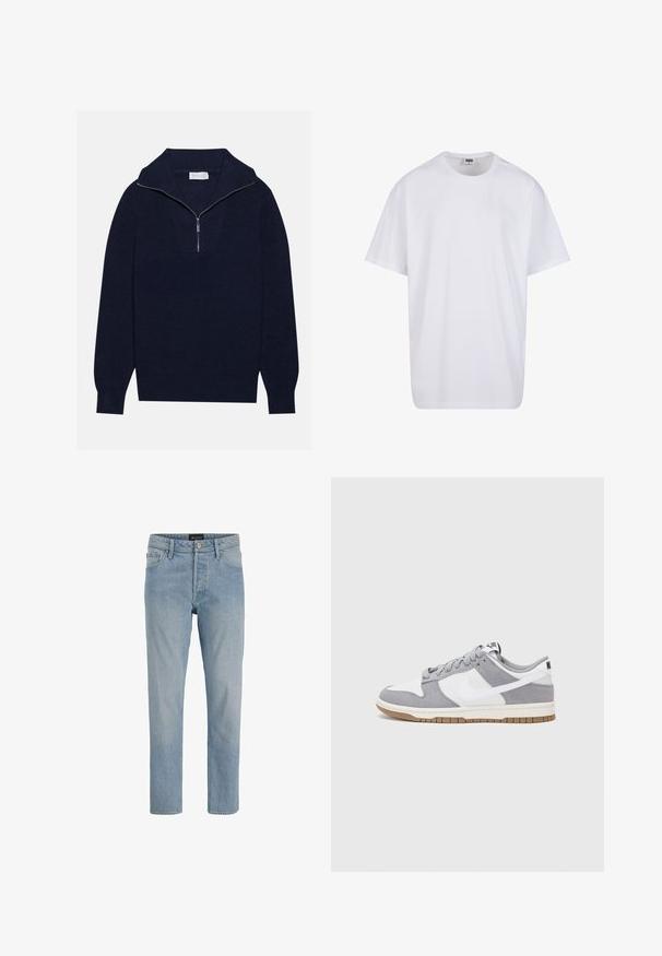 Suéter de punto azul marino con cuello de media cremallera, que presenta una textura acanalada y un diseño en forma de V en la parte delantera. Manga larga y dobladillo ajustado.; Camiseta blanca de algodón con mangas cortas, cuello redondo, corte relajado y sin logotipos ni patrones visibles. Textura suave y diseño minimalista.; Vaqueros de mezclilla azul claro con corte recto, diseño de cinco bolsillos, cierre de botón y un acabado ligeramente desgastado.; Zapatilla gris y blanca con parte superior de ante y cuero, puntera redondeada, cordones planos y suela de goma con un acento de goma.