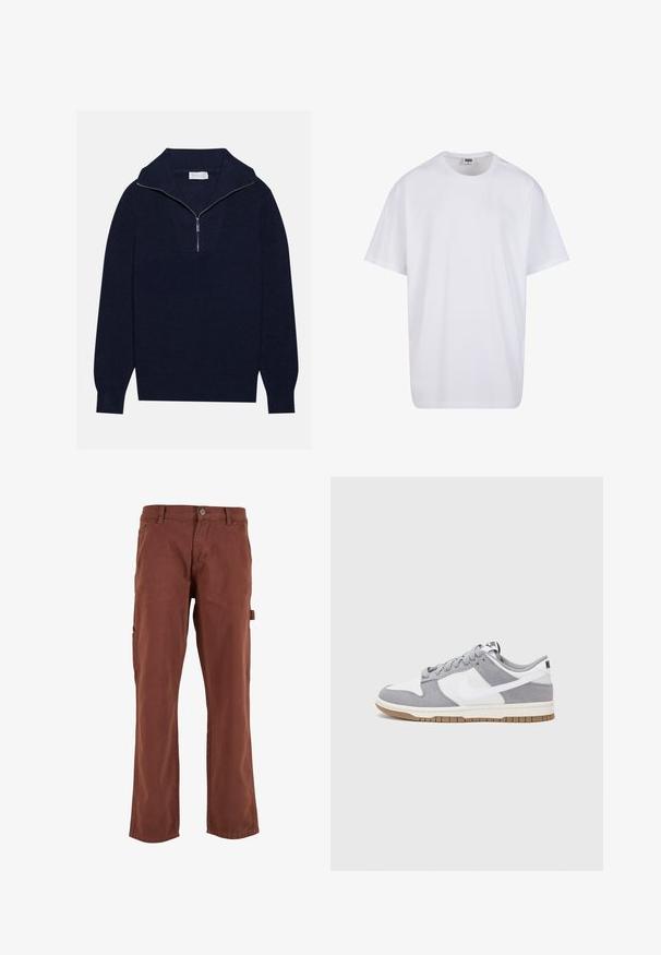 Pull en maille bleu marine avec un col zippé à moitié, présentant une texture côtelée et un design en V sur le devant. Manches longues et ourlet ajusté.; T-shirt en coton blanc avec des manches courtes, un col rond, une coupe décontractée et sans logos ni motifs visibles. Texture lisse et design minimaliste.; Pantalons cargo bruns avec une coupe droite, fabriqués en tissu résistant. Comprend des poches latérales et une fermeture à bouton à la taille.; Baskets grises et blanches avec un dessus en suède et cuir, bout rond, lacets plats et semelle en caoutchouc avec une touche de gomme.