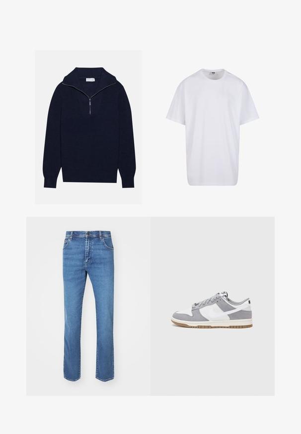 Tumed sinise kudumisega sviiter poole luku kaelusega, mis sisaldab ribakujulist tekstuuri ja V-kujulist disaini esiosas. Pikad varrukad ja kitsasäär.; Valge puuvillane t-särk lühikeste varrukatega, ümmarguse kaelusega, lõdva lõikega ja ilma nähtavate logodeta või mustriteta. Sile tekstuur ja minimaalne disain.; Sinine denimist valmistatud sirge lõikega teksapäevad, mis sisaldavad viit taskut, nööpkinnitust ja kerget tuhmunud efekti, mis annab kulunud välimuse.; Halli ja valge tennis鞋, millel on nubuk- ja nahkdetailid, ümar varvas, lamedad nöörid ning kummist tald, millel on kola aktsent.