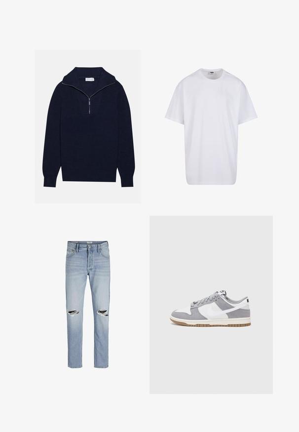 Pulover tricotat de culoare albastru marin, cu guler cu jumătate de fermoar, având o textură ribbed și un design în formă de V pe față. Mâneci lungi și tiv ajustat.; Tricou alb din bumbac cu mâneci scurte, decolteu rotund, croială lejeră și fără logo-uri sau modele vizibile. Textură netedă și design minimalist.; Jeans din denim de culoare bleu deschis, cu croi drept, având găuri uzate la genunchi și un design clasic cu cinci buzunare.; Adidașii Nike prezintă o parte superioară din piele întoarsă gri și piele albă cu perforații, șireturi rotunde și o talpă gumă pentru aderență.