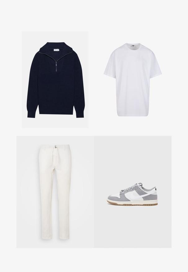 Navy blue knit sweater with a half-zip collar, featuring ribbed texture and a V-shaped design on the front. Long sleeves and fitted hem.; White cotton t-shirt with short sleeves, rounded neckline, relaxed fit, and no visible logos or patterns. Smooth texture and minimal design.; White linen trousers with a drawstring waist, straight leg design, and subtle texture. No visible pockets or patterns.; Gray and white sneaker with a suede and leather upper, rounded toe, flat laces, and a rubber sole featuring a gum accent.