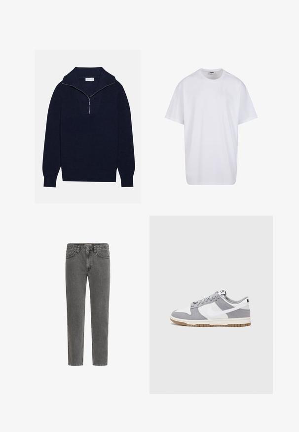 Navy blue knit sweater with a half-zip collar, featuring ribbed texture and a V-shaped design on the front. Long sleeves and fitted hem.; White cotton t-shirt with short sleeves, rounded neckline, relaxed fit, and no visible logos or patterns. Smooth texture and minimal design.; Light gray denim jeans with a straight leg design, five pockets, belt loops, and a zip fly. Fabric texture appears slightly worn.; Nike sneakers feature a gray suede and white leather upper with perforations, round laces, and a gum sole for traction.