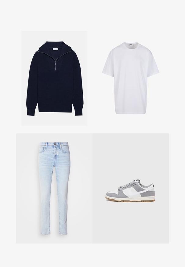 Tumed sinise kudumisega sviiter poole luku kaelusega, mis sisaldab ribakujulist tekstuuri ja V-kujulist disaini esiosas. Pikad varrukad ja kitsasäär.; Valge puuvillane t-särk lühikeste varrukatega, ümmarguse kaelusega, lõdva lõikega ja ilma nähtavate logodeta või mustriteta. Sile tekstuur ja minimaalne disain.; Heledad helesinised teksad, kitsas lõige, viie taskuga disain ning nööbilukuga. Omavad kerget tuhmumist ja sirget säärelõiget.; Halli ja valge tennis鞋, millel on nubuk- ja nahkdetailid, ümar varvas, lamedad nöörid ning kummist tald, millel on kola aktsent.
