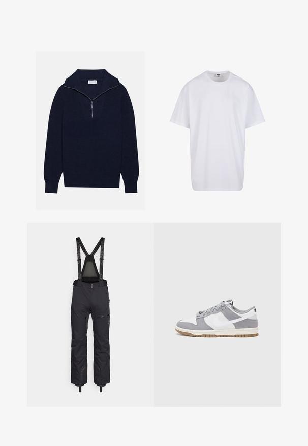 Marineblauwe gebreide trui met een halve ritssluiting, voorzien van een ribbelstructuur en een V-vormig ontwerp op de voorkant. Lange mouwen en een aansluitende zoom.; Witte katoenen t-shirt met korte mouwen, ronde hals, relaxte pasvorm en zonder zichtbare logo's of patronen. Gladde textuur en minimalistisch ontwerp.; Spyder DARE PANTS LENGTHS - Skibroek - black; Nike sneakers hebben een bovenzijde van grijs suède en wit leer met perforaties, ronde veters en een gum zool voor grip.