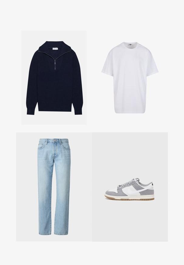 Suéter de punto azul marino con cuello de media cremallera, que presenta una textura acanalada y un diseño en forma de V en la parte delantera. Manga larga y dobladillo ajustado.; Camiseta blanca de algodón con mangas cortas, cuello redondo, corte relajado y sin logotipos ni patrones visibles. Textura suave y diseño minimalista.; Pantalones vaqueros de denim de color azul claro con corte recto, que presentan un diseño clásico de cinco bolsillos y marcas de desgaste sutiles a lo largo de la tela.; Zapatilla gris y blanca con parte superior de ante y cuero, puntera redondeada, cordones planos y suela de goma con un acento de goma.