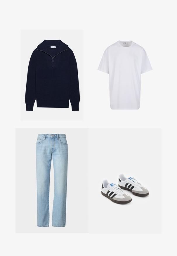 Námornícky modrý pletený sveter s polozipsom, s rebrovanou textúrou a V-tvarom na prednej strane. Dlhé rukávy a priliehavý lem.; Biela bavlnená tričko s krátkymi rukávmi, okrúhlym výstrihom, uvoľneným strihom a žiadnymi viditeľnými logami alebo vzormi. Hladká textúra a minimálny dizajn.; Svetlomodré džínsy s rovný strihom, klasickým dizajnom s piatimi vreckami a jemnými známkami vyblednutia po celej látke.; Športové topánky s bielym koženým zvrškom, šedou semišovou špičkou a tromi čiernymi pruhmi. Obsahujú modré logo na jazyku a štruktúrovanú gumovú podrážku.