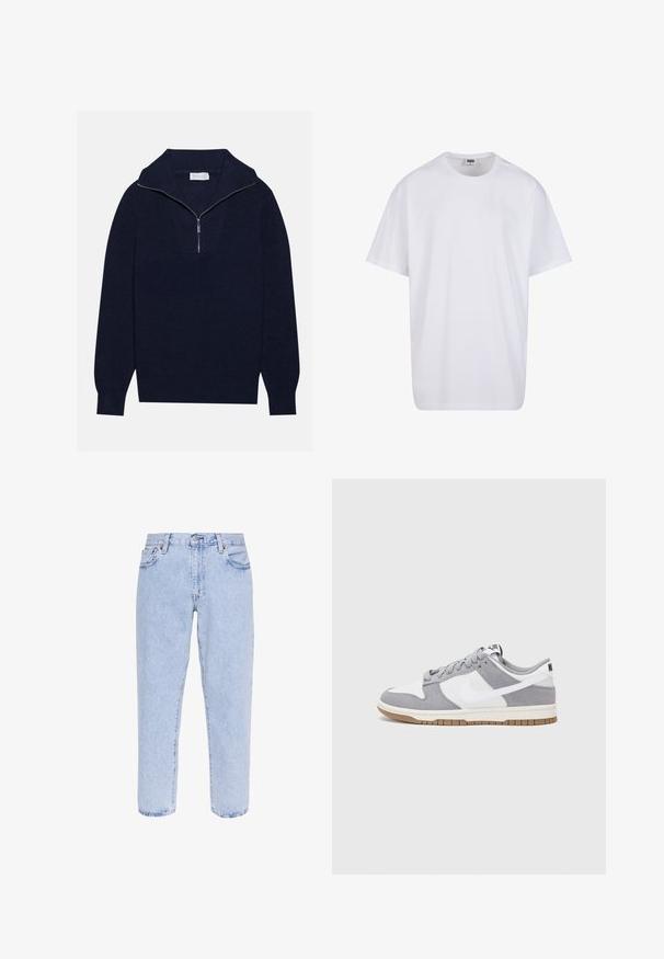 Mörkblå stickad tröja med halvdragkedja i kragen, med ribbad textur och ett V-format mönster på framsidan. Långa ärmar och figursydd nederkant.; Vit bomull t-shirt med korta ärmar, rundad halsringning, avslappnad passform och utan synliga logotyper eller mönster. Slät textur och minimal design.; Levi's® STAY LOOSE TAPER CROP - Jeans relaxed fit - royal stonewash; Nike-sneakers har en grå mocka- och vit läderoverdel med perforeringar, runda snören och en sula i gummi för grepp.
