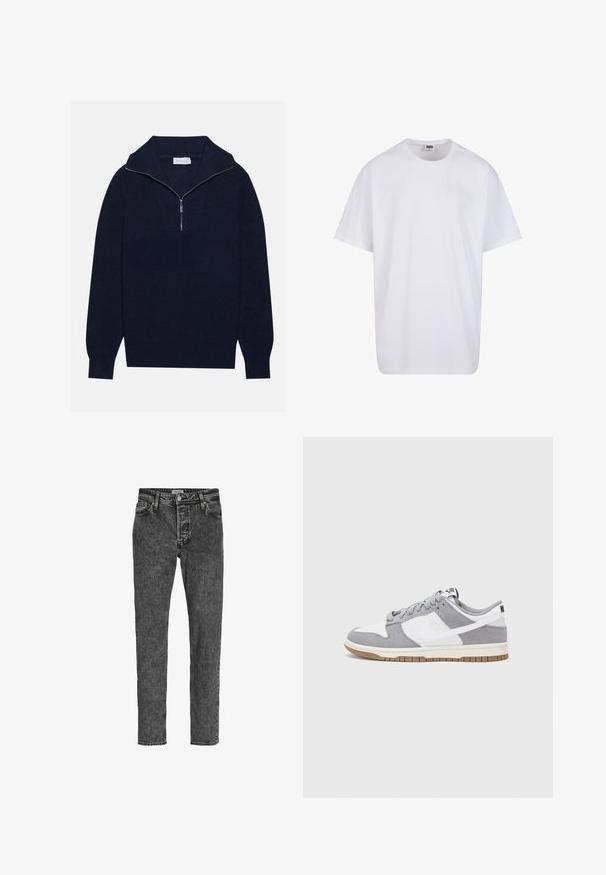 Mörkblå stickad tröja med halvdragkedja i kragen, med ribbad textur och ett V-format mönster på framsidan. Långa ärmar och figursydd nederkant.; Vit bomull t-shirt med korta ärmar, rundad halsringning, avslappnad passform och utan synliga logotyper eller mönster. Slät textur och minimal design.; Jack & Jones JJICHRIS JJORIGINAL - Jeans Tapered Fit - black denim; Nike-sneakers har en grå mocka- och vit läderoverdel med perforeringar, runda snören och en sula i gummi för grepp.