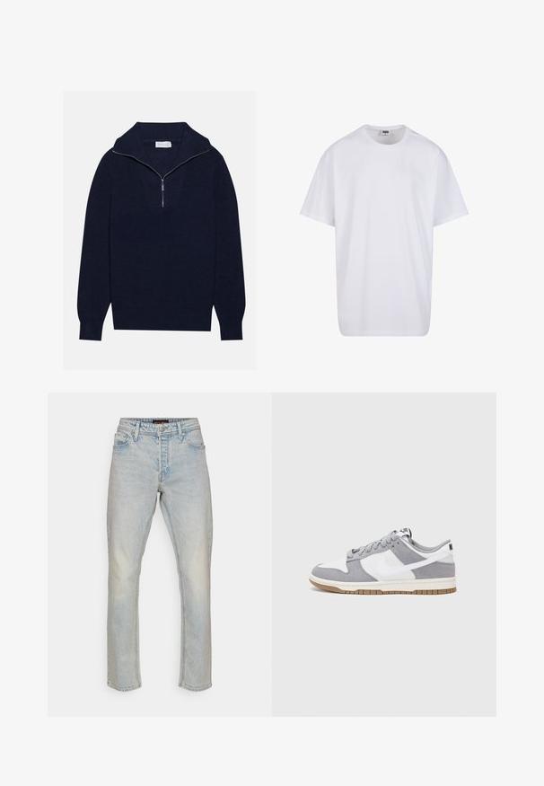 Mornarčasto plavi pleteni pulover s polu-zip ovratnikom, s rebrastom teksturom i dizajnom u obliku slova V na prednjoj strani. Dugi rukavi i prilagođeni rub.; Bijela pamučna majica s kratkim rukavima, zaobljenim izrezom, opuštenog kroja, bez vidljivih logotipa ili uzoraka. Glatka tekstura i minimalni dizajn.; Svijetloplave traperice ravnog kroja. Imaju dizajn s pet džepova, petlje za remen i suptilno izbjeljivanje. Nema vidljivih uzoraka ili naglasaka.; Sivi i bijeli tenisice s gornjištem od antilopa i kože, okruglim vrhom, ravnim vezicama i gumenim potplatom s dodatkom boje gume.