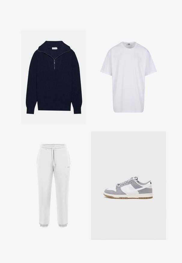 Dunkelblaues Strickpullover mit einem halben Reißverschluss-Kragen, der eine gerippte Textur und ein V-förmiges Design auf der Vorderseite bietet. Lange Ärmel und taillierter Saum.; Weiße Baumwoll-T-Shirt mit kurzen Ärmeln, rundem Ausschnitt, lockerer Passform und ohne sichtbare Logos oder Muster. Glatte Textur und minimalistisches Design.; Hellgraue Jogginghose mit elastischem Bund, Kordelzug und elastischen Bündchen; weicher Stoff mit kleinem Logo near der Tasche.; Graue und weiße Sneaker mit einem Obermaterial aus Wildleder und Leder, abgerundeter Spitze, flachen Schnürsenkeln und einer Gummisohle mit einem Kautschukakzent.