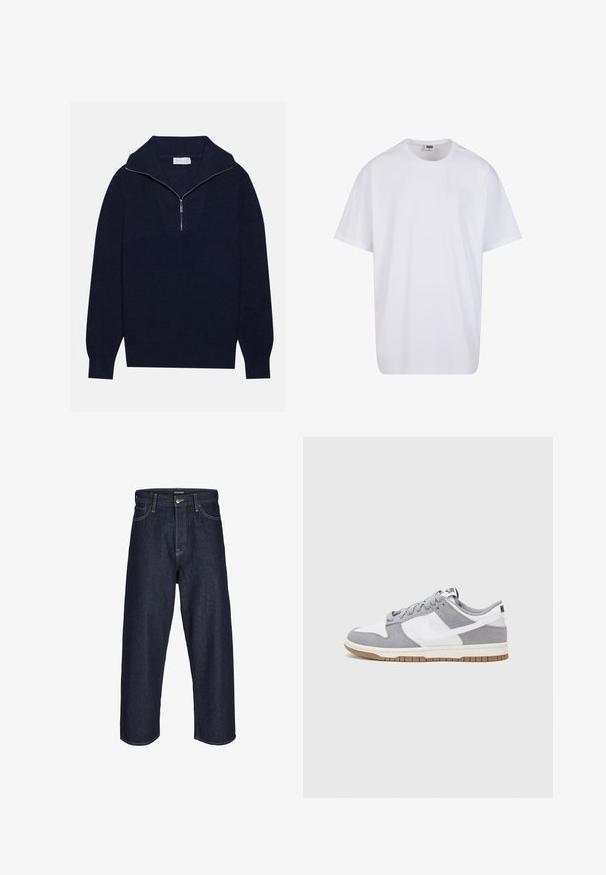 Merseyblu flettefleece med halv glidelås i kragen, med ribbestruktur og et V-formet design på forsiden. Lange ermer og tettsittende hem.; Valkoinen puuvillainen t-paita, jossa on lyhyet hihat, pyöreä kaula-aukko, rento istuvuus ja ei näkyviä logoja tai kuvioita. Sileä pinta ja minimaalinen muotoilu.; Tummansininen farkkukangas leveälahkeinen housut, joissa on keski-korkea vyötärö, keltainen ompelu, etupainike ja klassinen viisi-taskuinen muotoilu.; Harmaa ja valkoinen lenkkari, jossa on mokka- ja nahkapinta, pyöreä kärki, litteät nauhat ja kumipohja, jossa on vaahtomuoviväri.