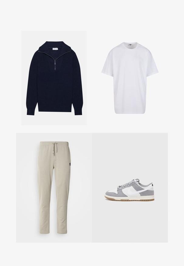Dunkelblaues Strickpullover mit einem halben Reißverschluss-Kragen, der eine gerippte Textur und ein V-förmiges Design auf der Vorderseite bietet. Lange Ärmel und taillierter Saum.; Weiße Baumwoll-T-Shirt mit kurzen Ärmeln, rundem Ausschnitt, lockerer Passform und ohne sichtbare Logos oder Muster. Glatte Textur und minimalistisches Design.; Beige Jogginghosen aus weichem Stoff, mit einem elastischen Bund, einem Kordelzug und zwei Fronttaschen. Minimalistisches Design mit seitlichen Nähten.; Graue und weiße Sneaker mit einem Obermaterial aus Wildleder und Leder, abgerundeter Spitze, flachen Schnürsenkeln und einer Gummisohle mit einem Kautschukakzent.