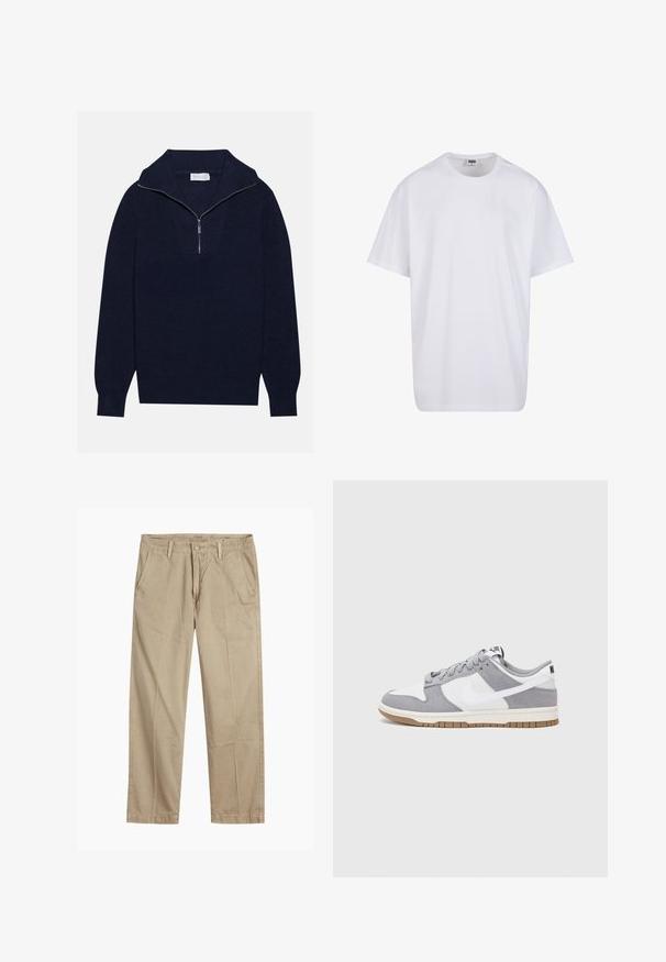 Mörkblå stickad tröja med halvdragkedja i kragen, med ribbad textur och ett V-format mönster på framsidan. Långa ärmar och figursydd nederkant.; Vit bomull t-shirt med korta ärmar, rundad halsringning, avslappnad passform och utan synliga logotyper eller mönster. Slät textur och minimal design.; Beige rak ben chinos med bälteshällor, framknapp och dragkedja, samt snedställda framfickor.; Nike-sneakers har en grå mocka- och vit läderoverdel med perforeringar, runda snören och en sula i gummi för grepp.