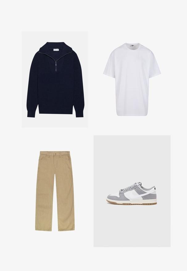 Pull en maille bleu marine avec un col zippé à moitié, présentant une texture côtelée et un design en V sur le devant. Manches longues et ourlet ajusté.; T-shirt en coton blanc avec des manches courtes, un col rond, une coupe décontractée et sans logos ni motifs visibles. Texture lisse et design minimaliste.; Pantalons en twill de coton beige avec une coupe droite, cinq poches, fermeture éclair à l'avant et rivets couleur cuivre pour une durabilité accrue.; Baskets grises et blanches avec un dessus en suède et cuir, bout rond, lacets plats et semelle en caoutchouc avec une touche de gomme.