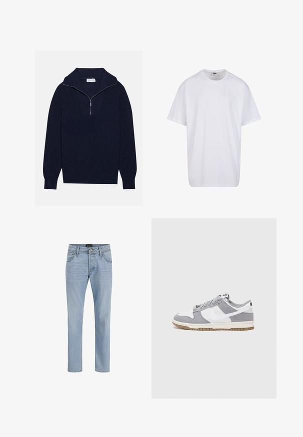 Tums zilas adītas džemperis ar pusi rāvējslēdzēja apkakli, ar ribota raksta tekstūru un V-veida dizainu priekšā. Garas piedurknes un pieguļošs apakšmalas. ; Balta kokvilnas T-kreklu ar īsām piedurknēm, apaļu kakla izgriezumu, brīvu piegriezumu un bez redzamām logo vai rakstiem. Gluda tekstūra un minimālistisks dizains.; Gaiši zila džinsu bikses ar slim fit piegriezumu, piecu kabatu dizainu, viegli izbalējušu tekstūru un metāla aksesuāriem pie rāvējslēdzēja un pogas aizdari.; Pelēki un balti sporta apavi ar zamšādas un ādas virsu, noapaļota purngala, plakaniem šņorēm un gumijas zoli ar gumijas akcentu.