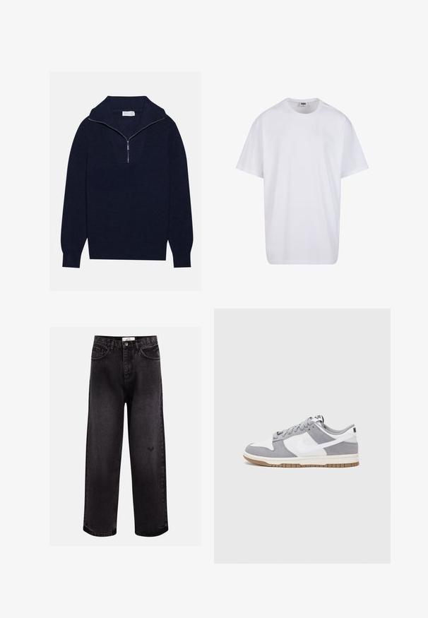 Námornícky modrý pletený sveter s polozipsom, s rebrovanou textúrou a V-tvarom na prednej strane. Dlhé rukávy a priliehavý lem.; Biela bavlnená tričko s krátkymi rukávmi, okrúhlym výstrihom, uvoľneným strihom a žiadnymi viditeľnými logami alebo vzormi. Hladká textúra a minimálny dizajn.; Čierne denimové nohavice s širokým strihom, obsahujúce päť vreciek, prešité pásov a jemný detail loga pri kolene.; Sivé a biele tenisky s vrchom z semišu a kože, zaoblenou špičkou, plochými šnúrkami a gumovou podrážkou s akcentom vo farbe gumy.