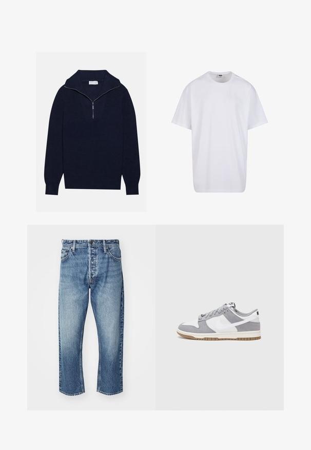 Merseyblu flettefleece med halv glidelås i kragen, med ribbestruktur og et V-formet design på forsiden. Lange ermer og tettsittende hem.; Valkoinen puuvillainen t-paita, jossa on lyhyet hihat, pyöreä kaula-aukko, rento istuvuus ja ei näkyviä logoja tai kuvioita. Sileä pinta ja minimaalinen muotoilu.; Vaaleansiniset farkut, joissa on kulunut pinta. Ominaisuuksia ovat suora leikkaus, viisi taskua ja hopeinen nappisulku.; Harmaa ja valkoinen lenkkari, jossa on mokka- ja nahkapinta, pyöreä kärki, litteät nauhat ja kumipohja, jossa on vaahtomuoviväri.