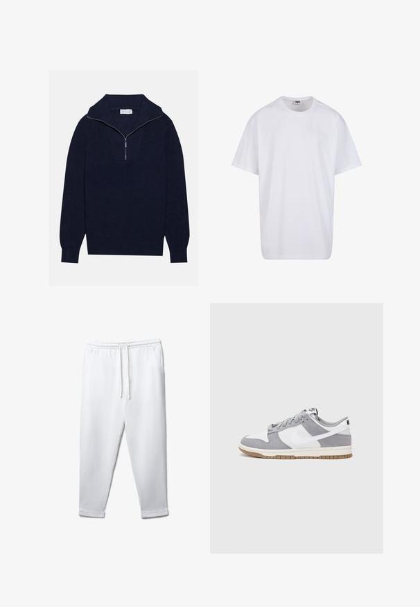 Dunkelblaues Strickpullover mit einem halben Reißverschluss-Kragen, der eine gerippte Textur und ein V-förmiges Design auf der Vorderseite bietet. Lange Ärmel und taillierter Saum.; Weiße Baumwoll-T-Shirt mit kurzen Ärmeln, rundem Ausschnitt, lockerer Passform und ohne sichtbare Logos oder Muster. Glatte Textur und minimalistisches Design.; Weiße Baumwoll-Jogginghosen mit elastischem Bund, Kordelzug, seitlichen Taschen und Bündchen an den Knöcheln. Glatte Textur und entspannte Passform.; Nike-Sneaker verfügen über ein graues Wildleder- und weißes Lederoberteil mit Perforationen, runden Schnürsenkeln und einer Gummisohle für besseren Halt.